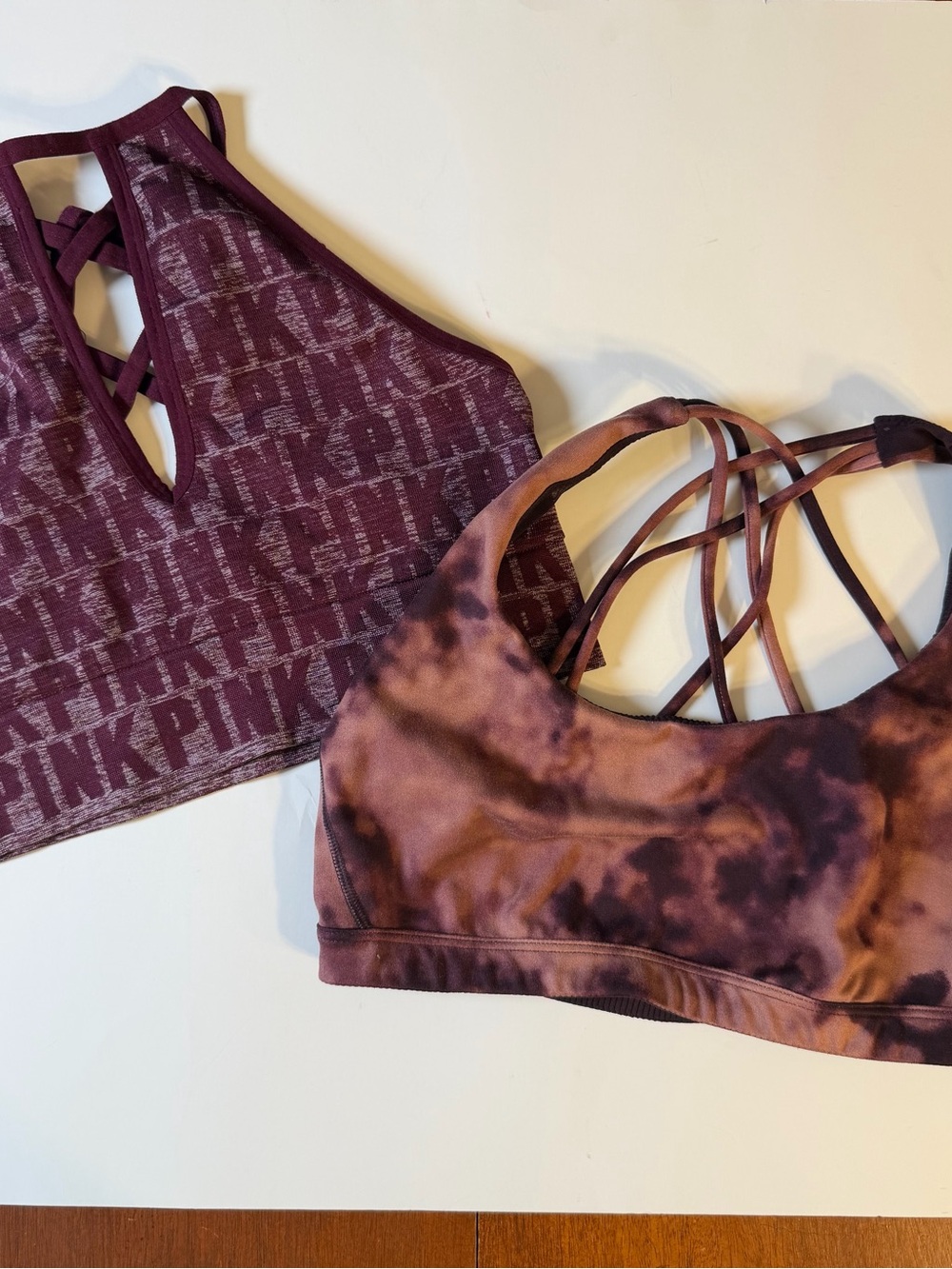 Lot of 2 Victoria’s Secret PINK Medium Sports Bras Burgundy Tie Dye Logo Halter